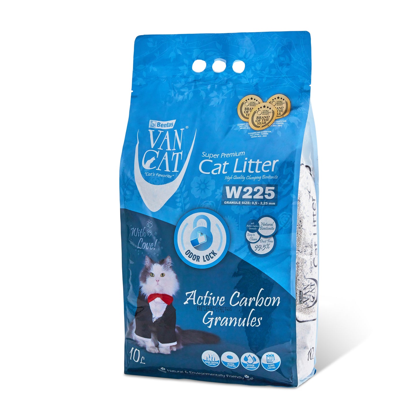 A bag of VanCat cat litter, W225 Active Carbon Granules, with a blue and white colour scheme and an image of a cat on the front.