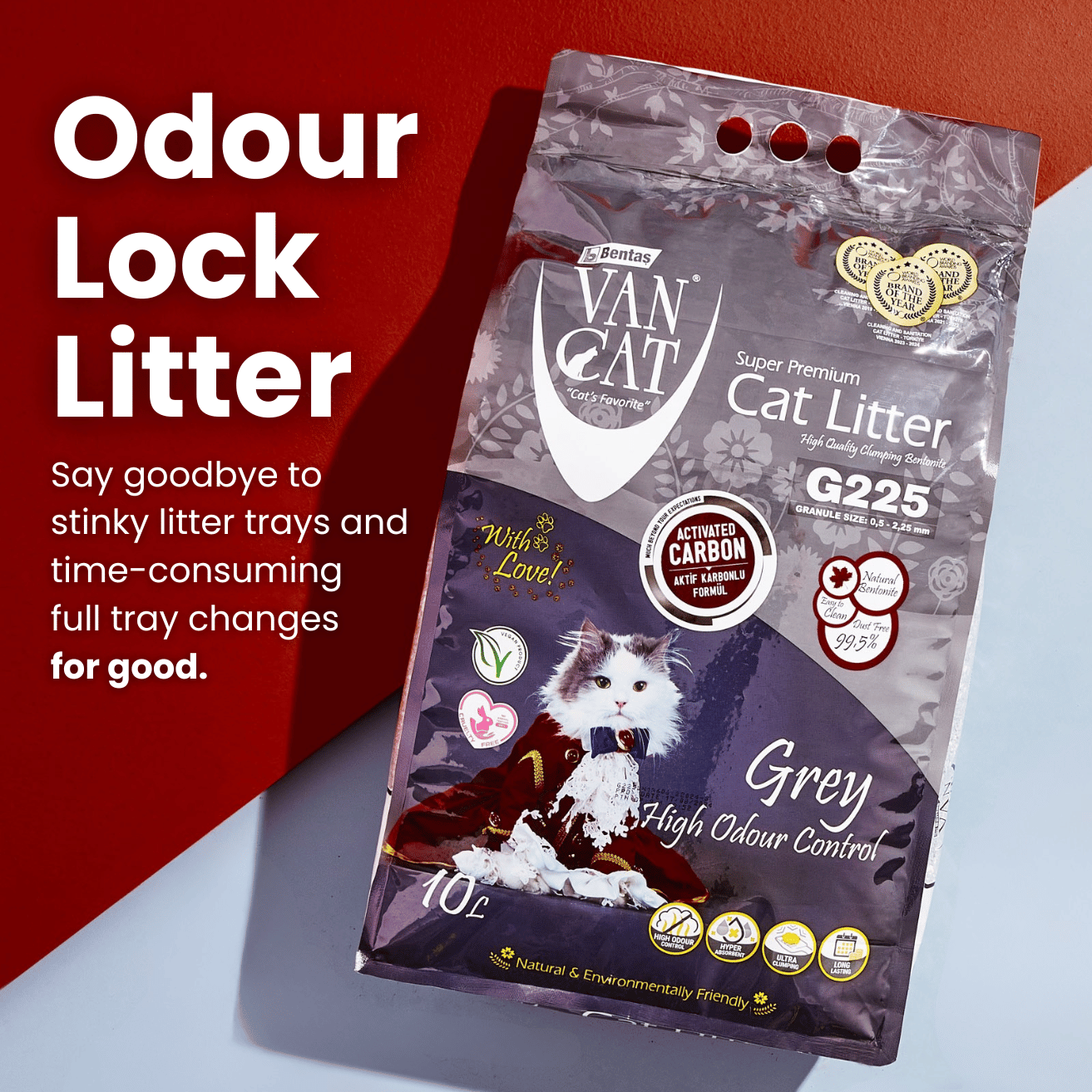 Van Cat cat litter package with text on a red and blue gradient background