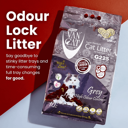 Van Cat cat litter package with text on a red and blue gradient background