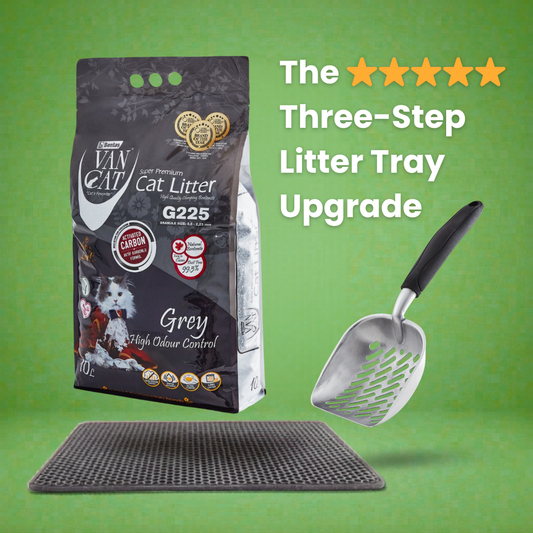 Van Cat cat litter package with a scoop and mat on a green background
