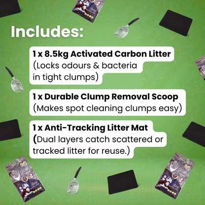 Product set with activated carbon litter, clump removal scoop, and anti-tracking litter mat on a green background.