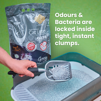 A neat clump of grey cat litter being lifted out of a tray next to VanCatUK Cat litter packaging on a green background
