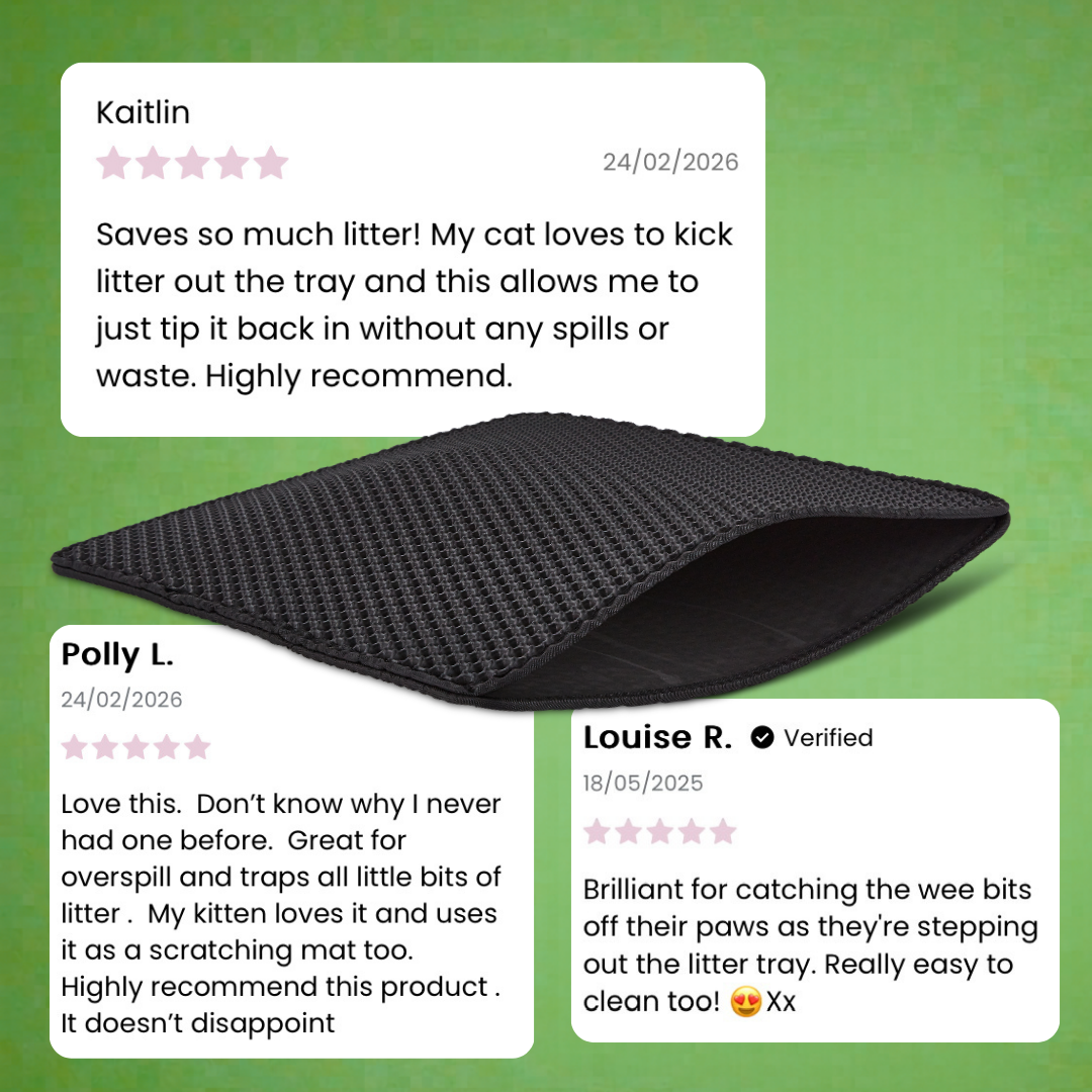 Black anti-tracking litter box mat with five star customer reviews on a green background