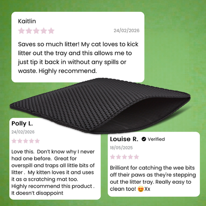 Black anti-tracking litter box mat with five star customer reviews on a green background