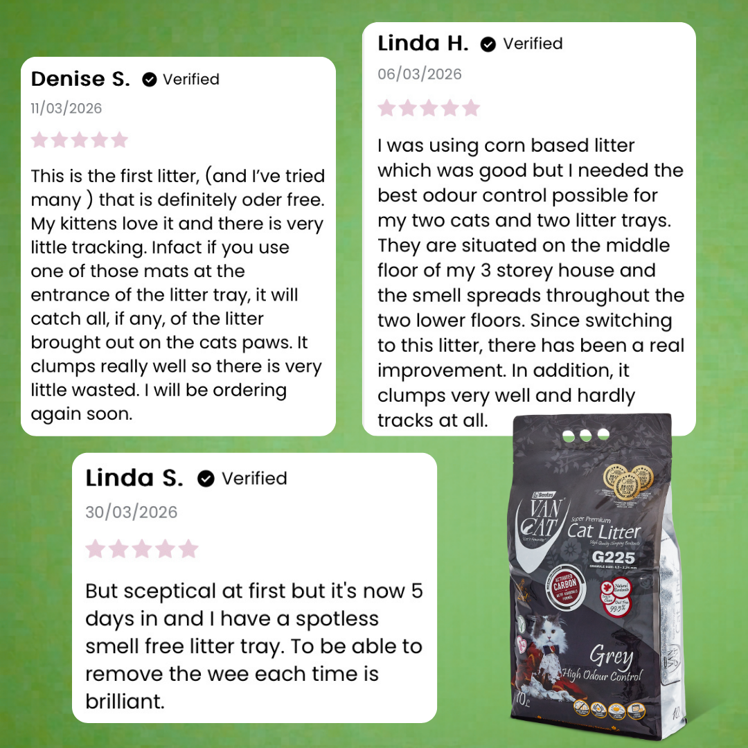 Reviews of Van Cat G225 cat litter on a green background with a shot of the product packaging.