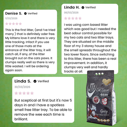 Reviews of Van Cat G225 cat litter on a green background with a shot of the product packaging.