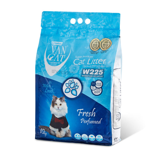 Blue package of fresh scented cat litter with fluffy cat on the front. White background.