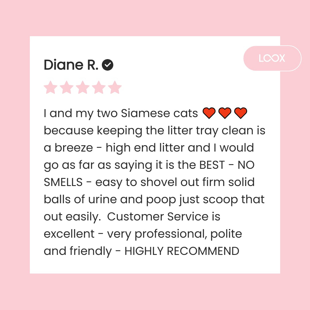 Product review on a pink background with white text