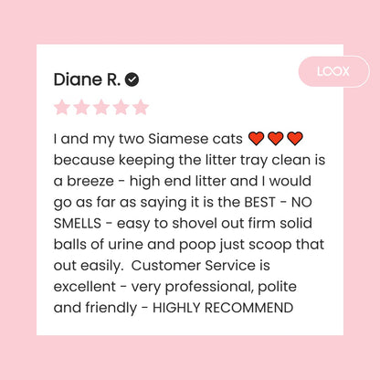 Product review on a pink background with white text