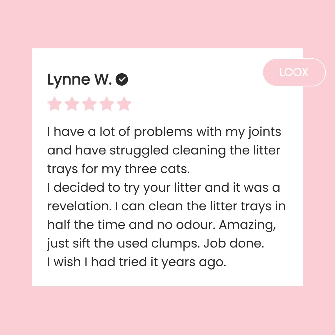 Product review on a pink background with text and rating.