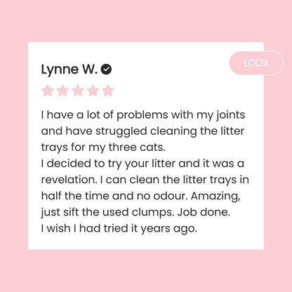 Product review on a pink background with text and rating.